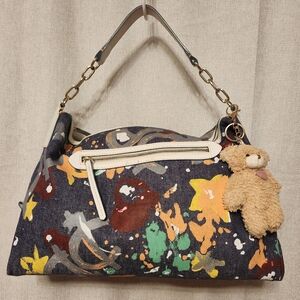 Dooney And Bourke -Vintage-Denim Paint Splash Chain And Leather Shoulder Bag